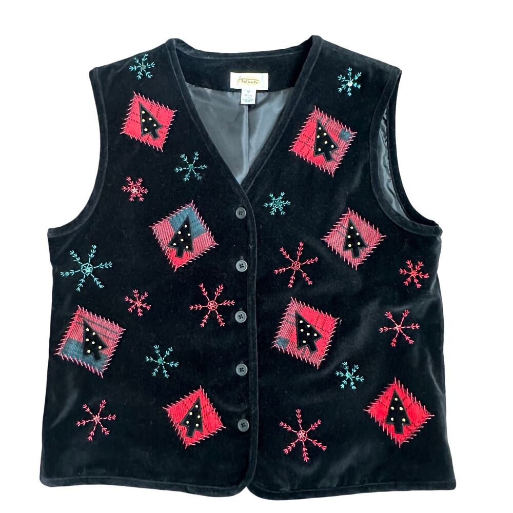 Vintage Talbots Black Velvet Christmas Vest Women M Red Beaded Holiday festive